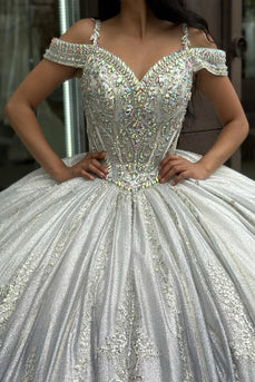 Sparkly Silver Cold Shoulder Beaded Long Ball Gown with Appliques