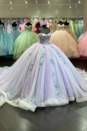 Sparkly Lilac Appliques Off the Shoulder Tulle Long Quinceanera Dress with Beaded