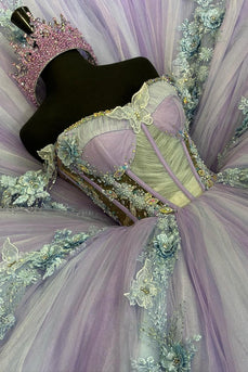 Sparkly Lilac Appliques Off the Shoulder Tulle Long Quinceanera Dress with Beaded