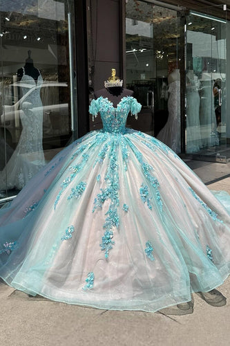 Glitter Green Pink Floral Off The Shoulder Tulle Quinceanera Dress with Appliques