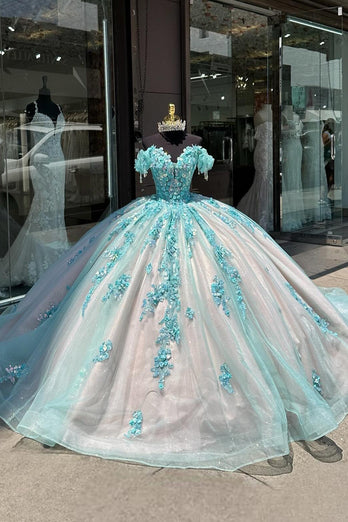 Glitter Green Pink Floral Off The Shoulder Tulle Quinceanera Dress with Appliques
