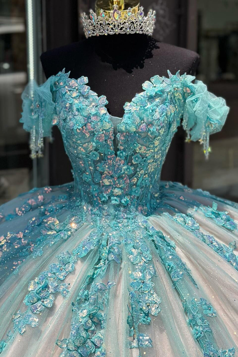 Load image into Gallery viewer, Glitter Green Pink Floral Off The Shoulder Tulle Quinceanera Dress with Appliques