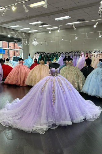 Corset Appliques Lilac Tulle Off The Shoulder Long Ball Gown with Sequins