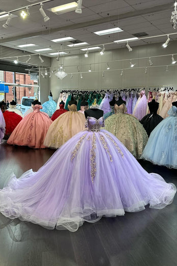 Corset Appliques Lilac Tulle Off The Shoulder Long Ball Gown with Sequins