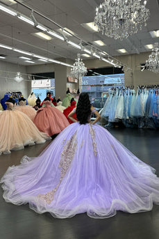 Corset Appliques Lilac Tulle Off The Shoulder Long Ball Gown with Sequins
