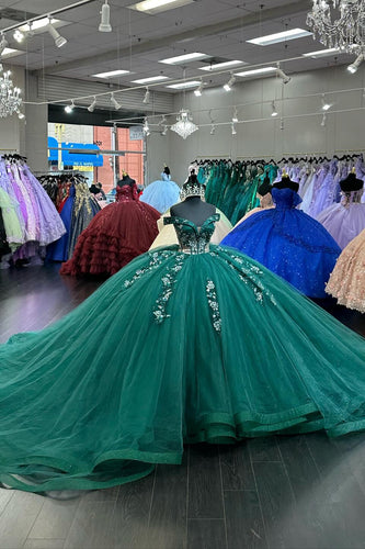 Sparkly Dark Green Off The Shoulder Tulle Long Ball Gown with Appliques