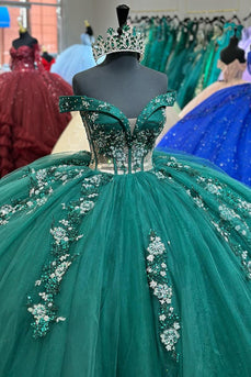 Sparkly Dark Green Off The Shoulder Tulle Long Ball Gown with Appliques