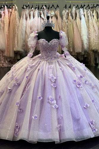 Sparkly Lilac Sweetheart Tulle Flower Quinceanera Dress with Sequined