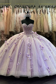 Sparkly Lilac Sweetheart Tulle Flower Quinceanera Dress with Sequined