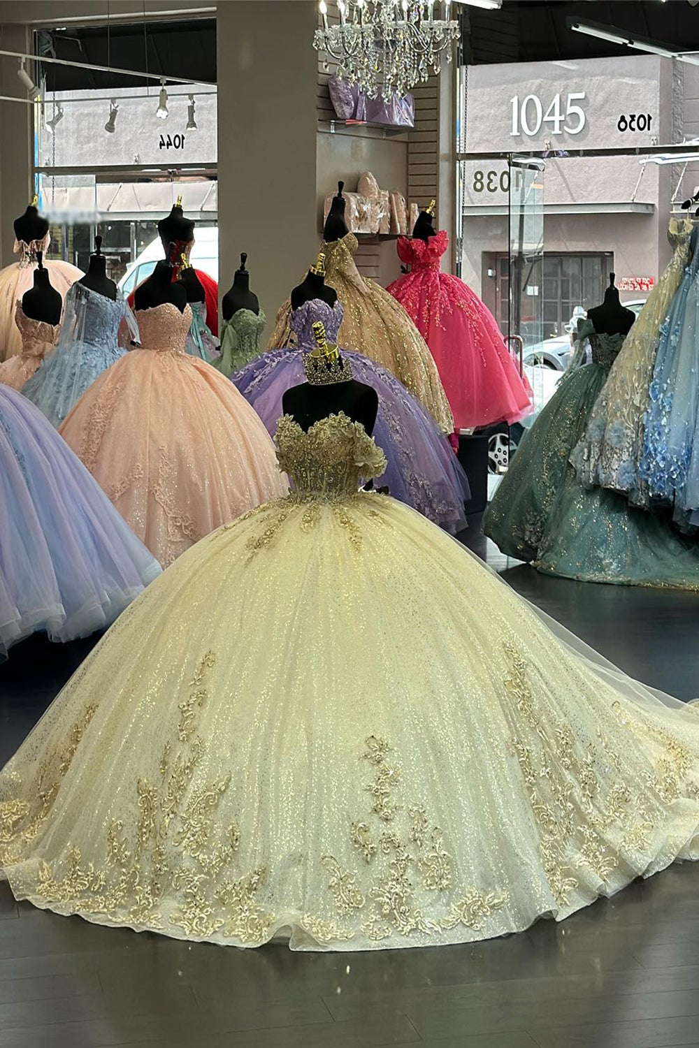 Sparkly Yellow Off The Shoulder Sequined Tulle Corset Ball Gown with Appliques