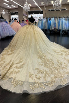 Sparkly Yellow Off The Shoulder Sequined Tulle Corset Ball Gown with Appliques