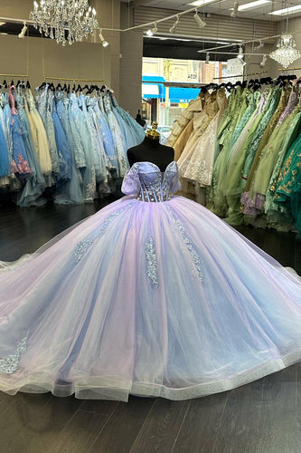 Blue Lilac Off The Shoulder Appliques Long Quinceanera Dress with Sequined