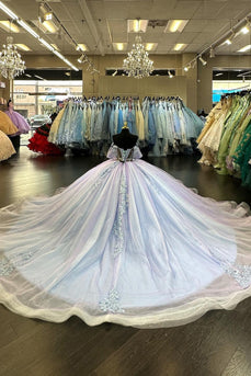Blue Lilac Off The Shoulder Appliques Long Quinceanera Dress with Sequined