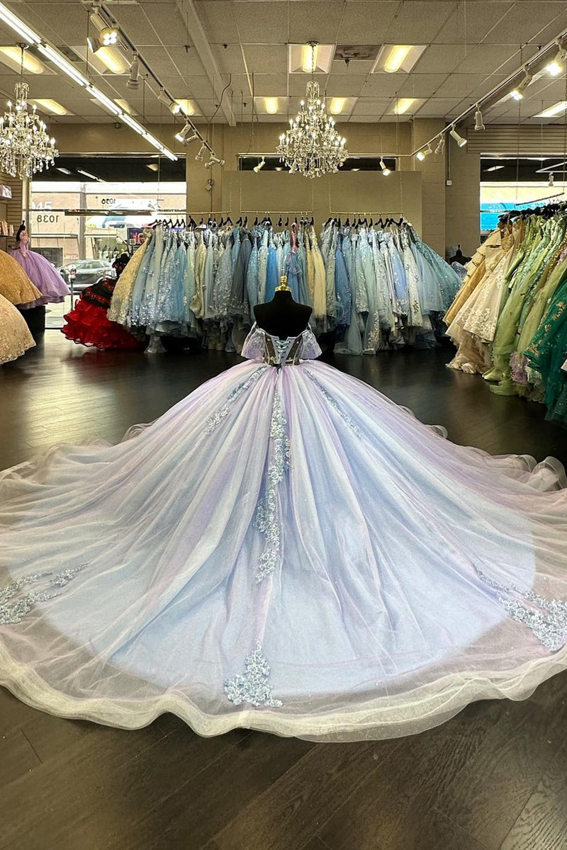 Load image into Gallery viewer, Blue Lilac Off The Shoulder Appliques Long Quinceanera Dress with Sequined
