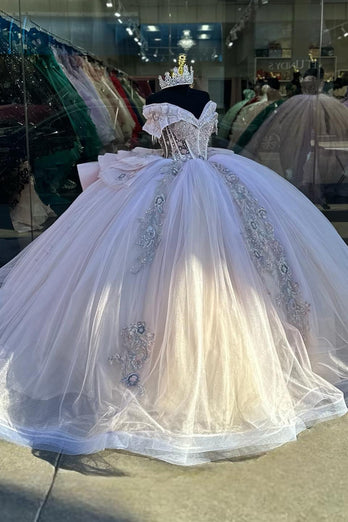 Blue Off The Shoulder Sequined Appliques Quinceanera Dress with Bow