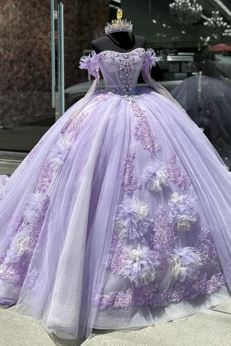 Off The Shoulder Lilac Floral Tulle Corset Quinceanera Dress with Appliques