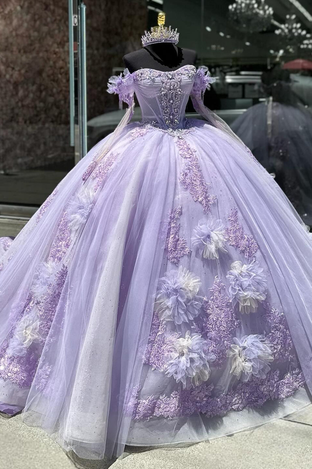 Off The Shoulder Lilac Floral Tulle Corset Quinceanera Dress with Appliques