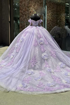 Off The Shoulder Lilac Floral Tulle Corset Quinceanera Dress with Appliques
