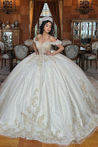 Off The Shoulder White Golden Tulle Quinceanera Dress with Appliques