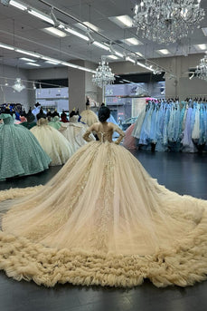 Sparkly Champange Off The Shoulder Appliques Sequined Quinceanera Dress with Ruffles