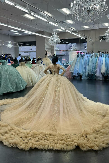 Sparkly Champange Off The Shoulder Appliques Sequined Quinceanera Dress with Ruffles