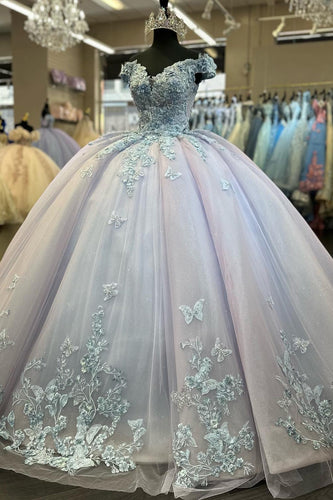 Blue Lilac Sparkly Off The Shoulder Beaded Quinceanera Dress with Appliques