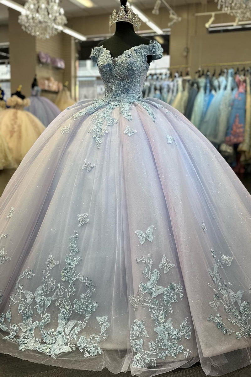 Load image into Gallery viewer, Blue Lilac Sparkly Off The Shoulder Beaded Quinceanera Dress with Appliques