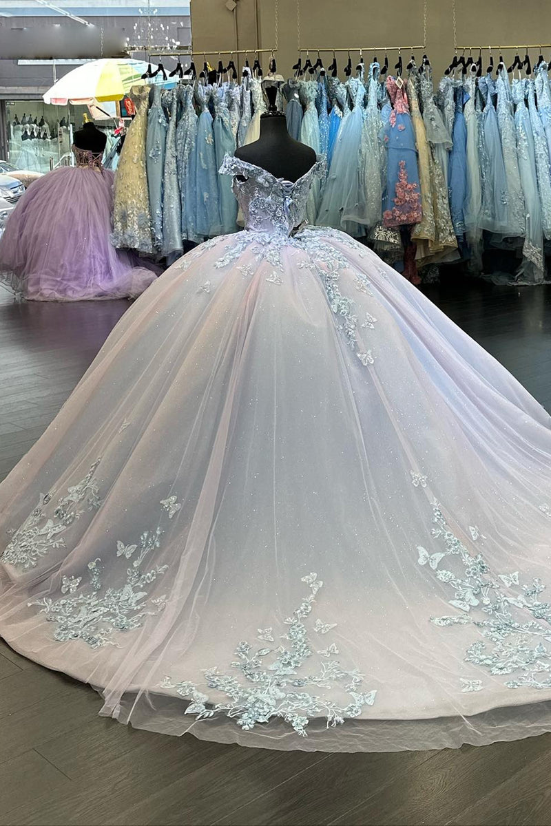Load image into Gallery viewer, Blue Lilac Sparkly Off The Shoulder Beaded Quinceanera Dress with Appliques