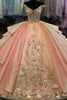 Load image into Gallery viewer, Glitter Pink Golden Off The Shoulder Corset Quinceanera Dress with Appliques