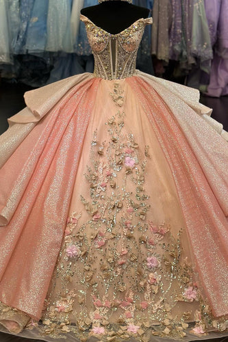 Glitter Pink Golden Off The Shoulder Corset Quinceanera Dress with Appliques