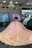 Load image into Gallery viewer, Glitter Pink Golden Off The Shoulder Corset Quinceanera Dress with Appliques