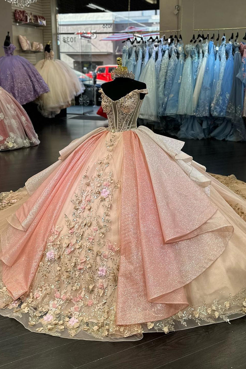 Load image into Gallery viewer, Glitter Pink Golden Off The Shoulder Corset Quinceanera Dress with Appliques