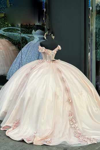 Blush Sweetheart Sequined Tulle Corset Quinceanera Dress with Appliques