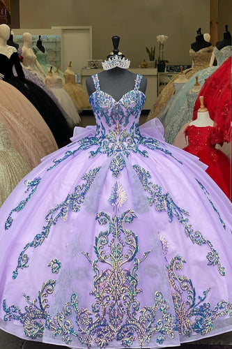 Sparkly Purple Spaghetti Straps Sequined Appliques Ball Gown with Bow