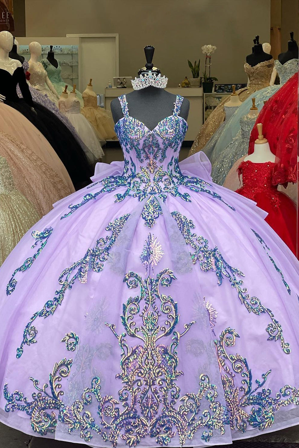 Sparkly Purple Spaghetti Straps Sequined Appliques Ball Gown with Bow