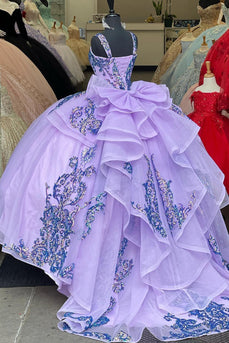 Sparkly Purple Spaghetti Straps Sequined Appliques Ball Gown with Bow