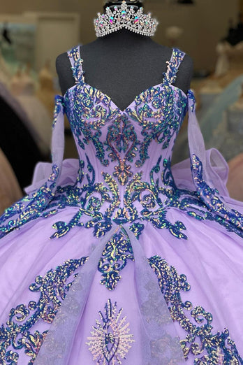 Sparkly Purple Spaghetti Straps Sequined Appliques Ball Gown with Bow