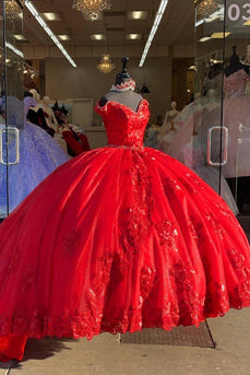 Sparkly Red Off The Shoulder Sequined Tulle Long Quinceanera Dress with Appliques