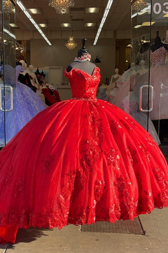 Sparkly Red Off The Shoulder Sequined Tulle Long Quinceanera Dress with Appliques