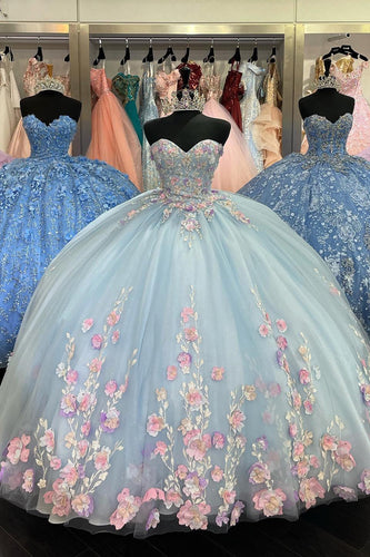 Sparkly Blue Lilac Sweetheart Sequined Floral Ball Gown with Appliques