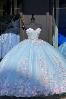 Sparkly Blue Lilac Sweetheart Sequined Floral Ball Gown with Appliques