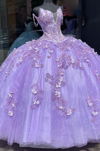 Sparkly Purple Sequined Appliques Long Quinceanera Dress with Beaded