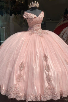 Sparkly Blush V Neck Ruffles Beaded Long Ball Gown with Appliques