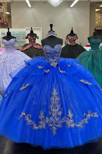 Glitter Royal Blue Sweetheart Appliques Beaded Quinceanera Dress with Ruffles