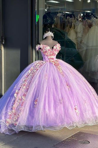 Sparkly Lilac Off the Shoulder Floral Ruffles Sequined Quinceanera Dress