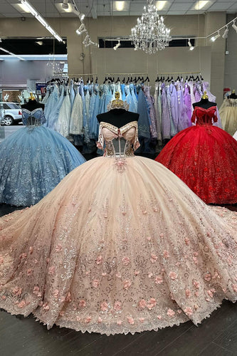 Glitter Corset Blush Off The Shoulder Sequined Quinceanera Dress with Appliques