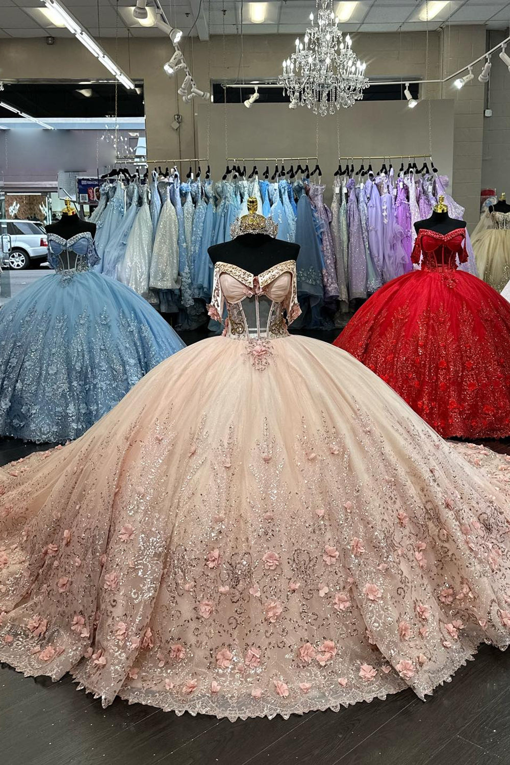 Glitter Corset Blush Off The Shoulder Sequined Quinceanera Dress with Appliques