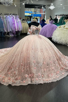 Glitter Corset Blush Off The Shoulder Sequined Quinceanera Dress with Appliques