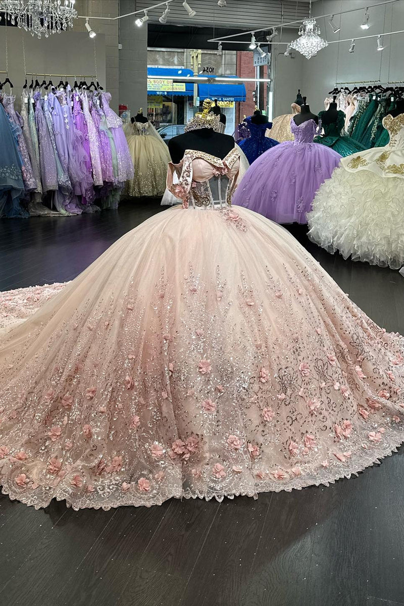 Load image into Gallery viewer, Glitter Corset Blush Off The Shoulder Sequined Quinceanera Dress with Appliques