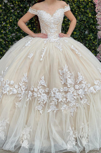 Apricot Off The Shoulder Sequined Long Ball Gown with Appliques